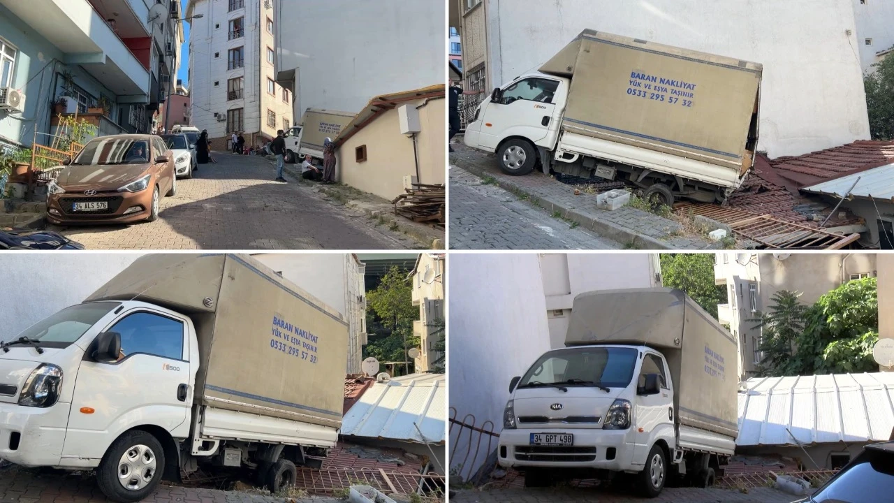 Yokuştan kayan kamyonet gecekondunun çatısına düştü