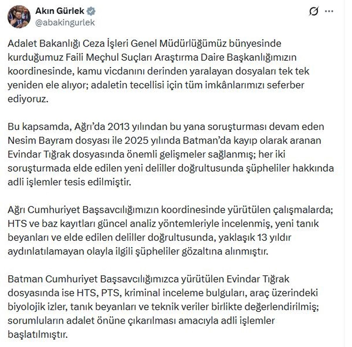 Adalet Bakanı Gürlek: Faili Meçhul dosyalarında yeni deliller elde edildi