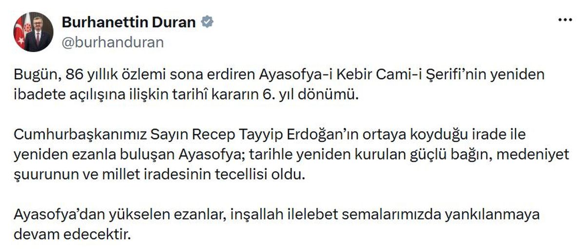 İletişim Başkanı Duran'dan 'Ayasofya' açıklaması
