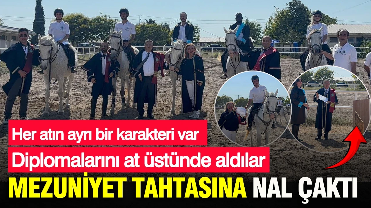 Diplomalarını at üstünde aldılar: Mezuniyet tahtasına nal çaktı