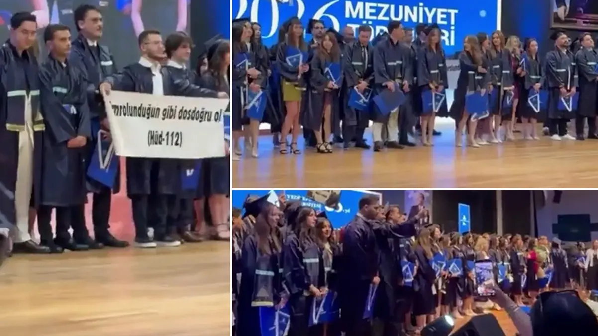 Yeditepe Üniversitesi'nde mezuniyet töreninde skandal! Ayet yazılı pankartı hazmedemediler