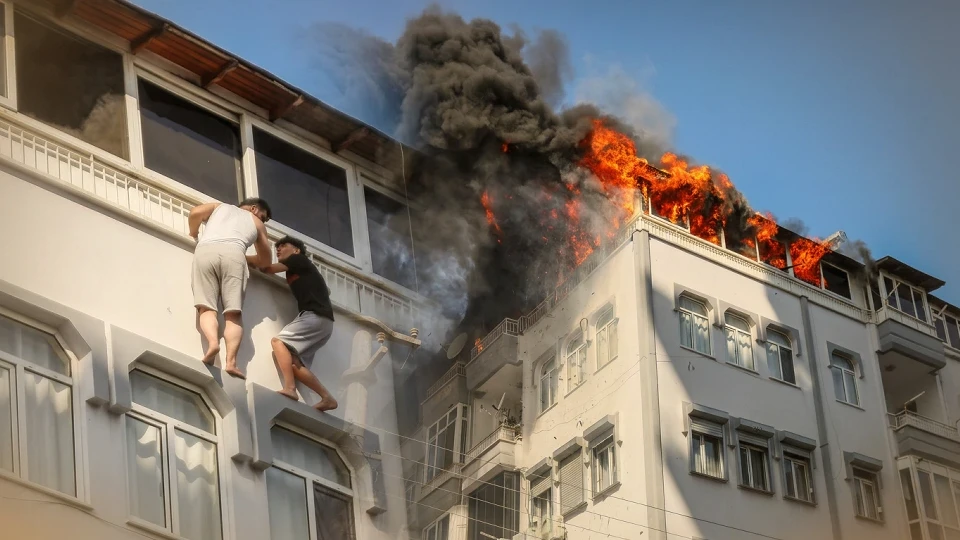 Yangında mahsur kaldılar! Teras korkuluğundan sarkıp, kurtarılmayı beklediler