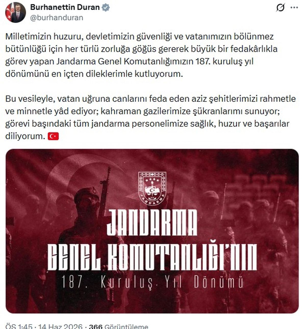İletişim Başkanı Duran, Jandarma Teşkilatı'nın kuruluş yıl dönümünü kutladı