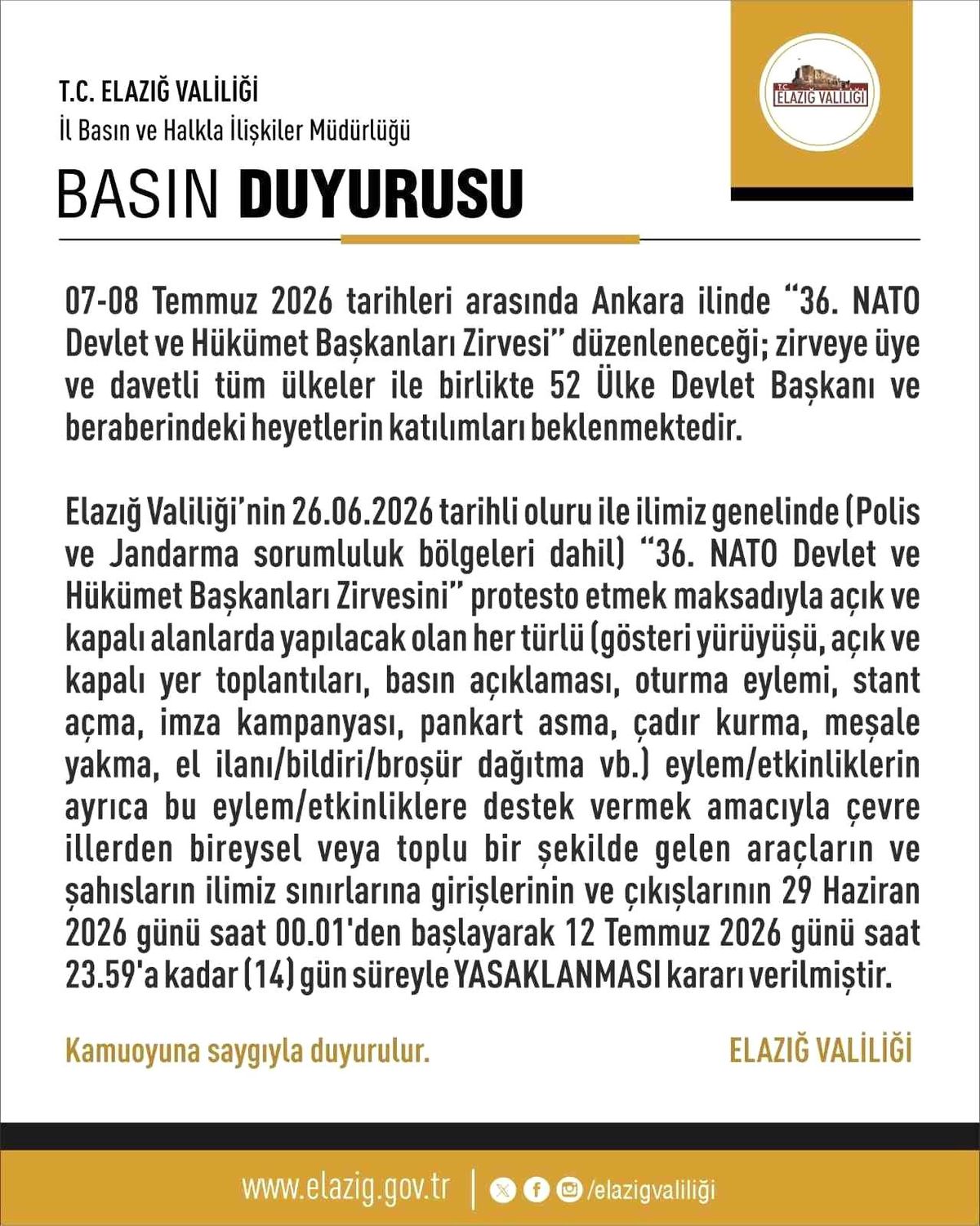 Elazığ'da 14 günlük eylem yasağı