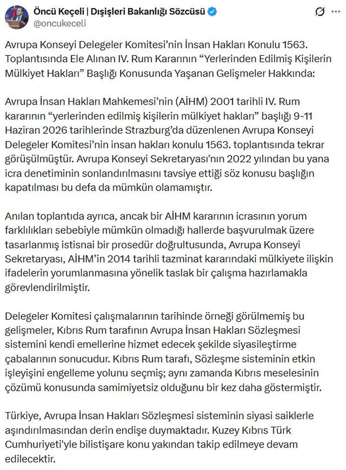 Keçeli: Türkiye, Avrupa İnsan Hakları Sözleşmesi sisteminin aşındırılmasından endişe duymaktadır