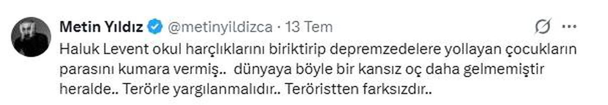 Oyuncu Metin Yıldız'dan Haluk Levent'e tepki: "Terörle yargılanmalıdır, teröristten farksızdır"