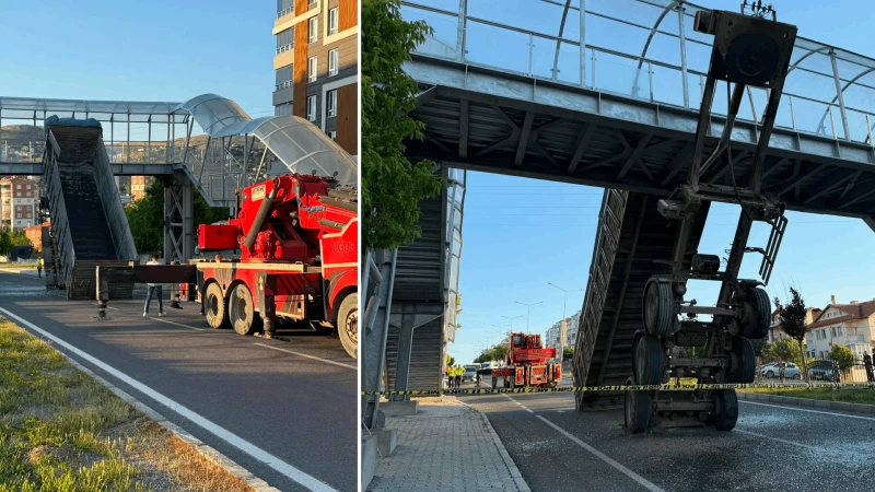 Yozgat'ta tırın açık kalan damperi üst geçide takıldı