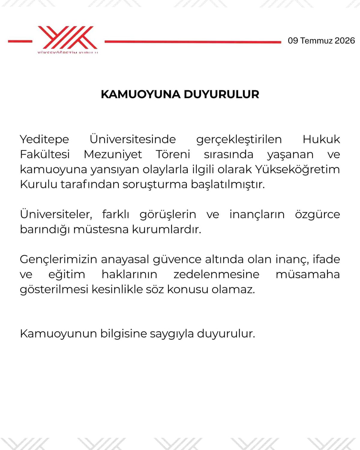 YÖK'ten Yeditepe Üniversitesinin mezuniyet törenindeki olaylara ilişkin soruşturma