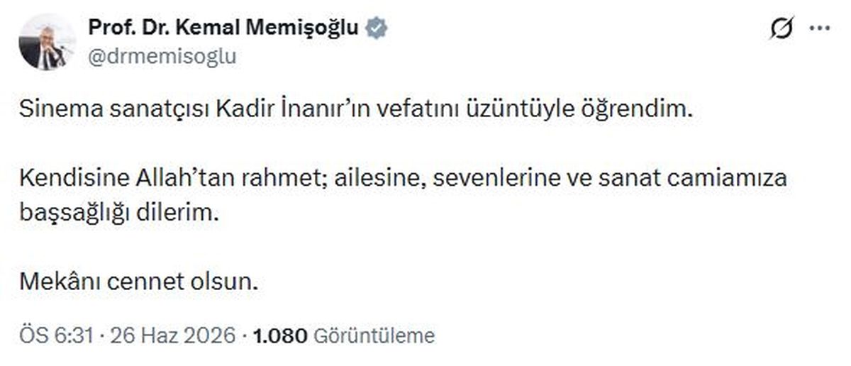 Bakan Memişoğlu'ndan Kadir İnanır için başsağlığı mesajı