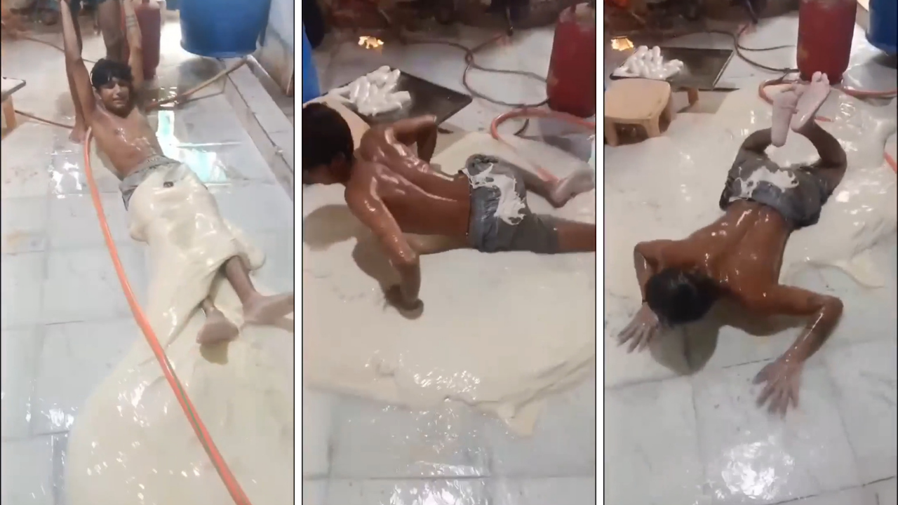 GIda üretim tesisinde mide bulandıran görüntüler! Hamurun üzerinde yuvarlanıp üzerine su sıktırdı