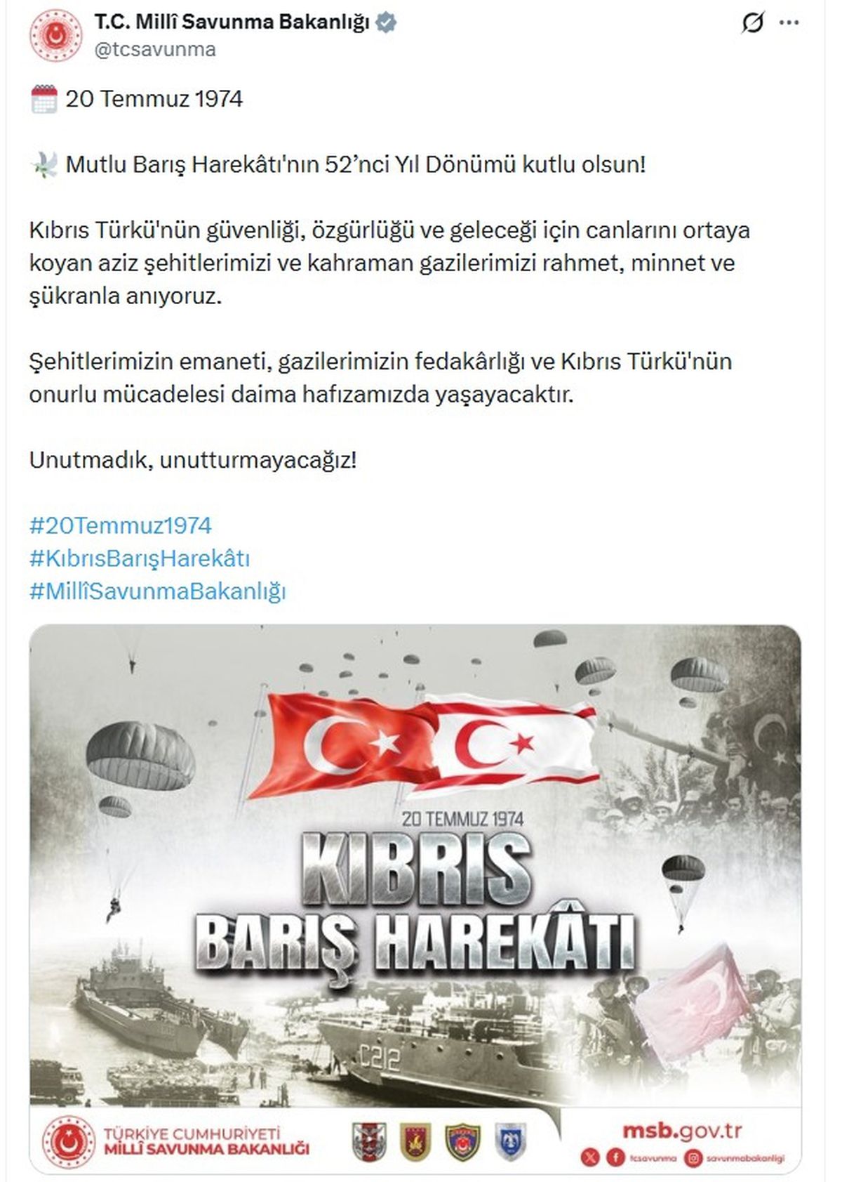 MSB'den, Kıbrıs Barış Harekatı'nın 52'nci yıl dönümü paylaşımı