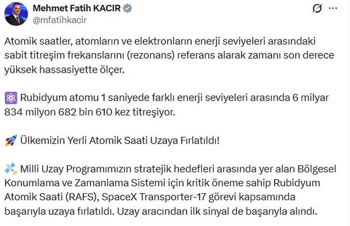 Bakan Kacır: Ülkemizin yerli atomik saati uzaya fırlatıldı