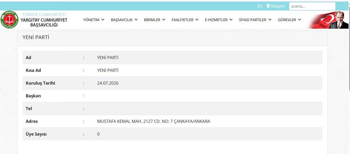 YENİ Parti, siyasi partiler listesine eklendi