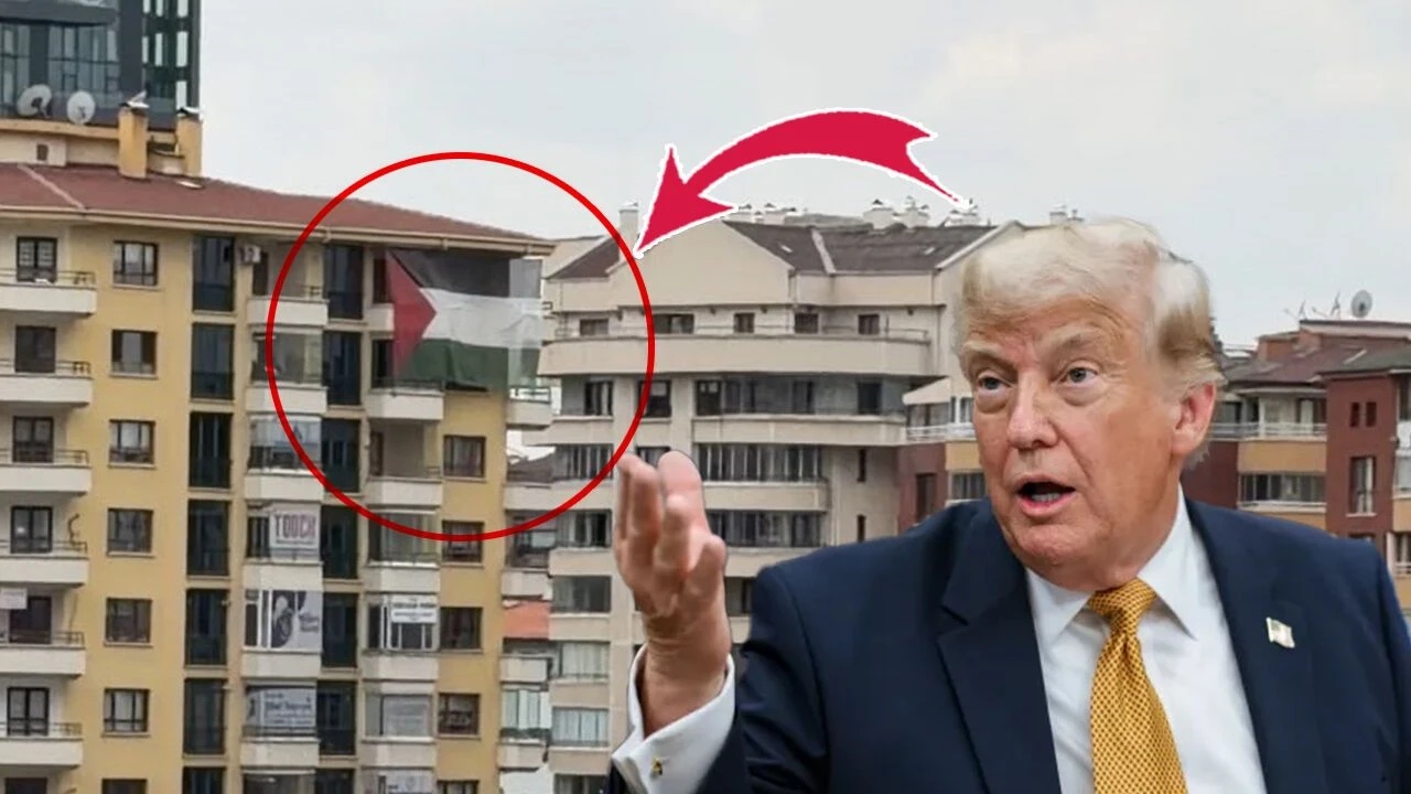 Trump'ın kalacağı otelin karşısına Filistin bayrağı asıldı