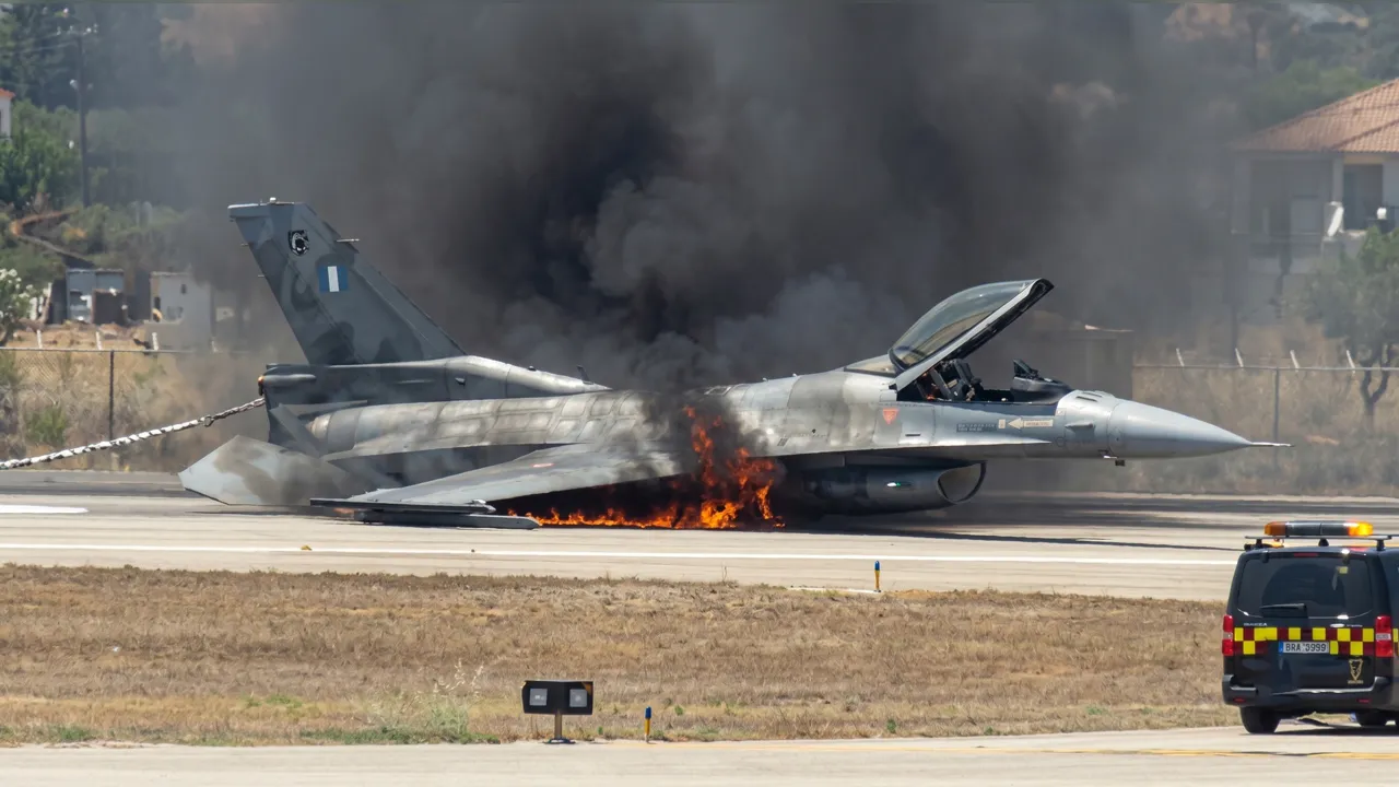 Yunan F-16'sı pert oldu! Pistin ortasında cayır cayır yandı