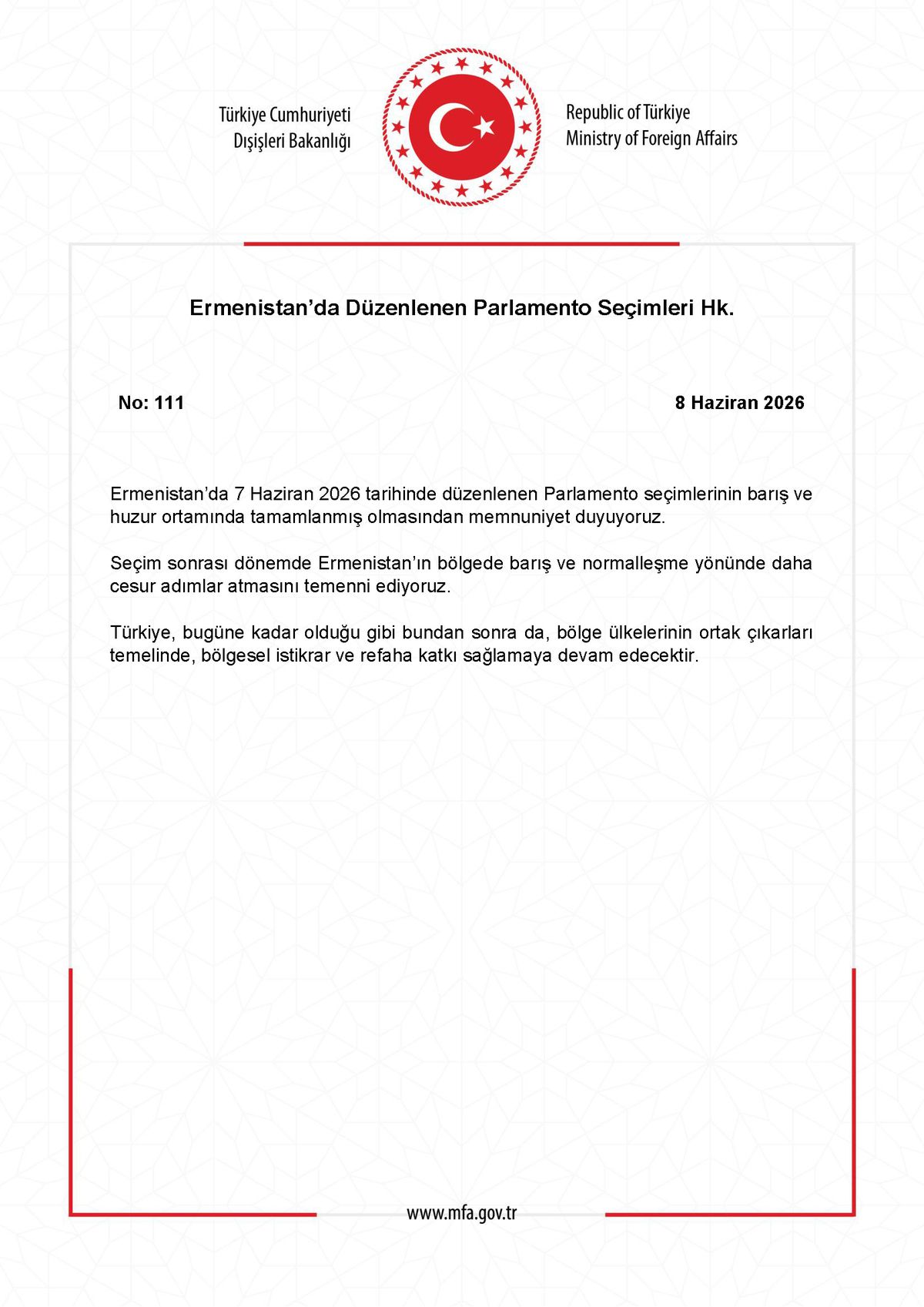 Dışişleri'nden Ermenistan'daki parlamento seçimlerine ilişkin açıklama