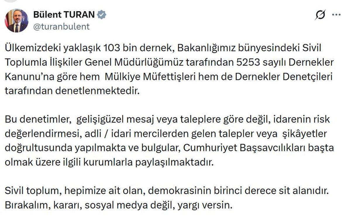 İçişleri Bakan Yardımcısı Turan: Dernekler denetlenmektedir