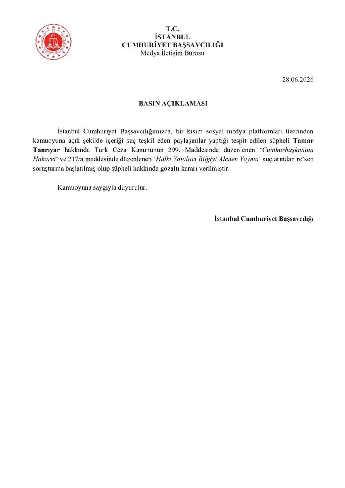 Tamar Tanrıyar hakkında sosyal medya paylaşımları nedeniyle gözaltı kararı