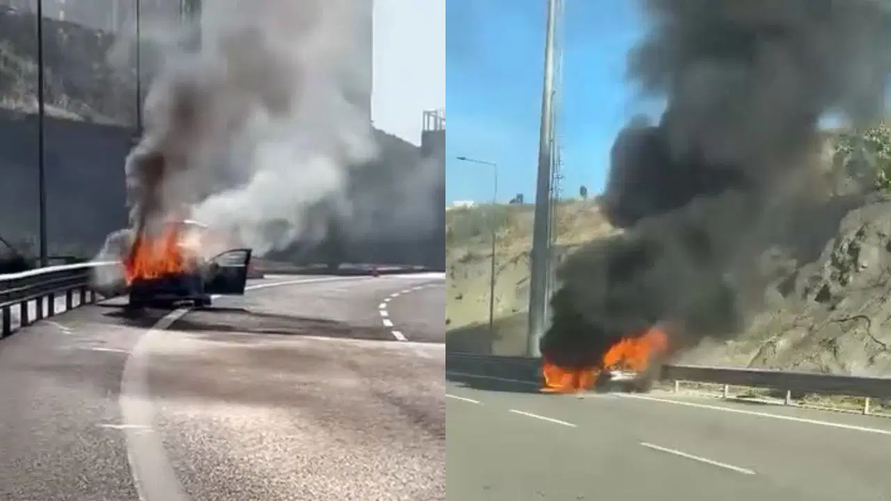 Kuzey Marmara Otoyolu'nda panik anları: Seyir halindeki araç alev alev yandı