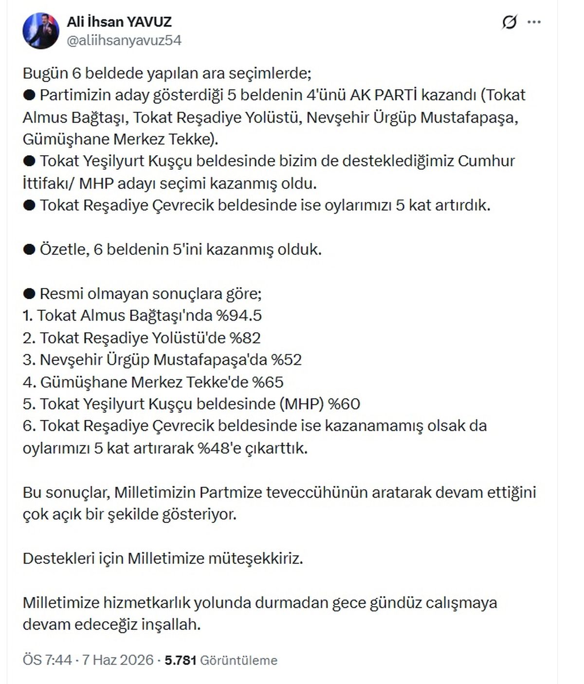 AK Parti'li Yavuz: 6 beldede yapılan ara seçimlerde, 6 beldenin 5'ini kazandık